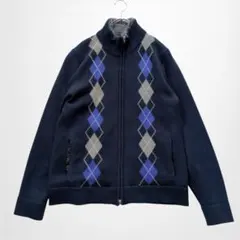 アーガイルニットカーディガン ハイネック フルジップ フェイクファー 裏地ドット