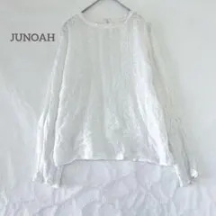 【ジュノア】レースカラー 刺繍 花柄 長袖 ブラウス 透け感あり 白 M シャツ
