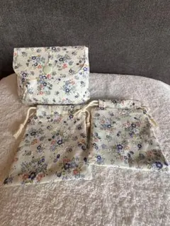 ❤️ミニポーチ＆ミニ巾着袋‪‪2枚❤‬花柄ブルー‪‪❤︎‬ハンドメイド❤️