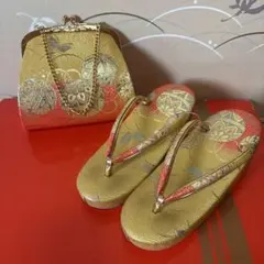 【美品】七五三用 草履とバッグ セット　ゴールド×朱色　毬柄
