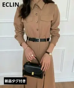 新品タグ付き ECLIN シャツワンピース ブラウン M　ウエストマーク
