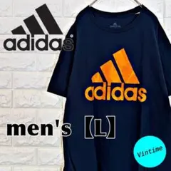 y469【adidas】プリントTシャツ【メンズL】ネイビー