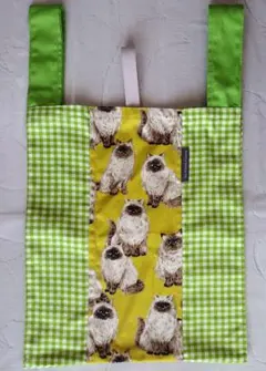 【プレゼントにおすすめ】たっぷりマチのエコバッグ 黄緑 猫柄