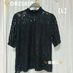 美品✨キレイ✨優美な✨DRESKlPレース ハイネック 半袖トップス 黒L