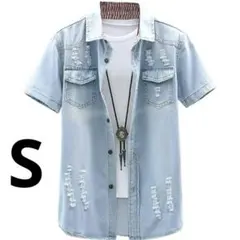 シャツ メンズ デニム ラペル 半袖 tシャツ スリム フィット 夏用 薄手 ☆
