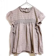 Samansa Mos2 刺繍レース切替チュニックF ベージュ フリル袖 可愛い