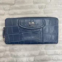 COACH コーチ クロコ型押　長財布 ブルー レザー ラウンドファスナー