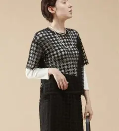千鳥柄レース刺繍T シャツブラウス　オケージョン　ハウンドトゥース