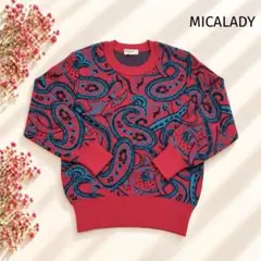 【ミカレディ】美品✨ペイズリー柄 ジャガードニットM 赤長袖 クルーネック 総柄