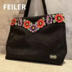 【美品】 フェイラー トートバッグ ショルダー 花柄 刺繍 黒 メッシュ