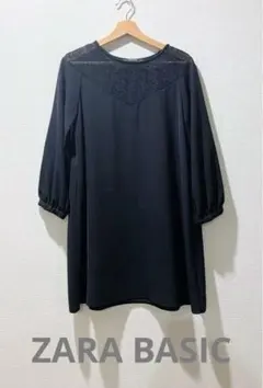 ★美品★ZARA BASIC ネイビー　七分袖 ひざ丈ワンピース　 S