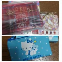 HELLO KITTY フラットミニポーチ 水色　タータンチェック　50周年