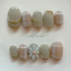 【#095】ネイルチップ　ニュアンス　冬ネイル　チェック　ぷっくりフラワー　淡色