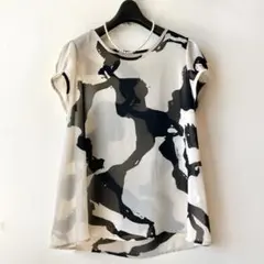 試着のみ■詩仙堂 水墨アート柄シフォン パフスリーブシアートップス 和モダン