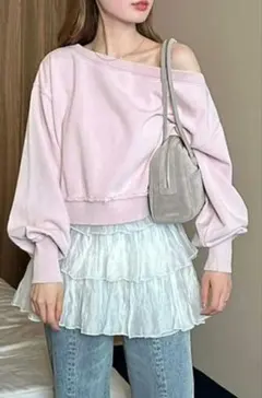 Kastaneクロップドオフショルスウェット　ピンク　春スウェットのサムネイル