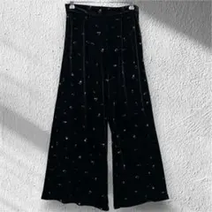 【ヘザー】 小花柄 ベロア ワイドパンツ ブラック Fサイズ　ウエストゴム