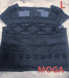 MOGA モガ スクエアネック 刺繍 レース ブラウス カットソー 黒 半袖
