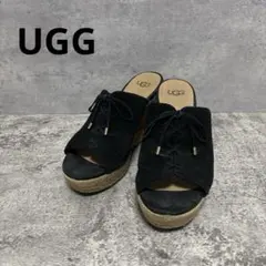 UGG アグ ウェッジソールサンダル 黒 24.5cm リボン スエード 厚底
