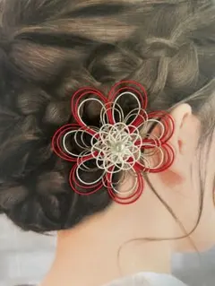 水引のかんざし　和装　髪飾り　花　赤　【ハンドメイド】