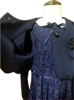 キッズスーツ140cm　紺　ノースリーブ白衿レースワンピース/丸衿/卒業式入学式