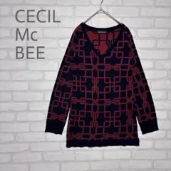 【CECIL McBEE】総柄 Vネック チュニックニット　レトロ体型カバー