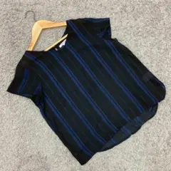 グローバルワーク✨シフォンブラウス Ｖネック 透け感 ストライプ 青 黒 M