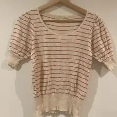 CROLLAベージュと赤のストライプ 半袖ニット