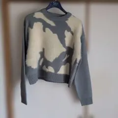 グレー・アイボリー 長袖ニットセーター Fサイズ