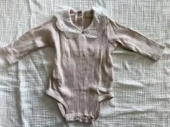 petit main ベビーピンク リブ編み ロンパース レース襟