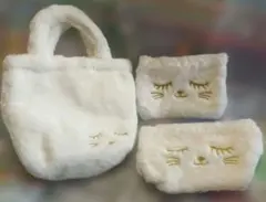 ★フワモコ★猫★ファートートバッグ&ポーチセット★ホワイト★3点