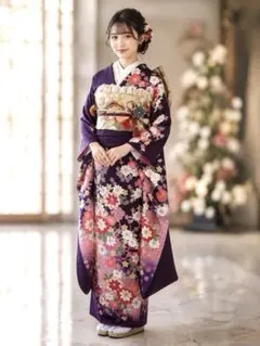 美品 正絹 振袖フルセット 赤 花柄 金彩 成人式 トールサイズ 裄丈68.5