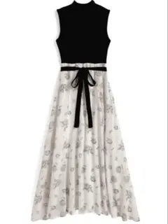 【お値下げ中】リボンベルト付きニットドッキング花柄ワンピース[ru1178]