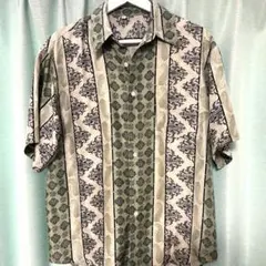ハワイ製】パネル調 花柄 ボタニカル コットンアロハシャツ グレー L