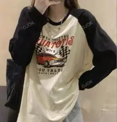 【古着】レースカーグラフィック長袖Tシャツ Lサイズ 袖 黒