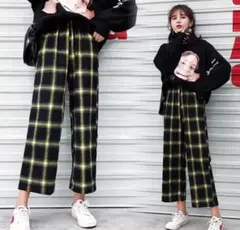 新品 ウール チェック柄 配色 ストレート イージーパンツ ゴム コットン