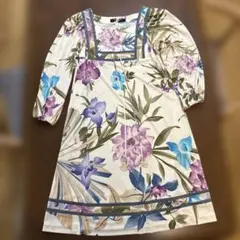 美品✨】レオナール ワンピース 花柄 宝石 トリム コットン100% 38