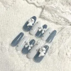 現品 ネイルチップ 量産型 韓国 フレンチ フラッシュ 犬 りぼん 付け爪