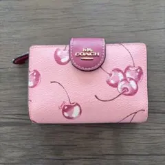 COACH ピンク レザー ケース　キスロック　いちご　がま口 COACH】コーチ ぺブルレザー キスロック がま口 ノラ いちご カード