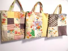 着物リメイクバッグ　まちなしトートバッグ　3点セット