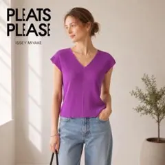 ISSEY MIYAKE プリーツプリーズ 半袖カットソー Vネック パープルのサムネイル