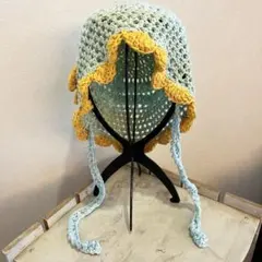 バケットハット　クロシェハット　バブーシュカ　春夏　リボン　ハンドメイド