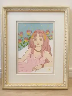 F4号】水森亜土/手描き作品/表裏サイン有/裏描き有り/油彩/高級額縁入