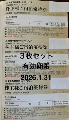 東急不動産 東急ハーヴェスト株主宿泊優待券3枚セット　有効期限2026.1.31