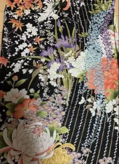 正絹　約35×110 黒にカラフル鮮やか四季の花　金彩　豪華　高級