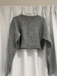 グレー パール装飾 ビジュー クロップドカーディガン