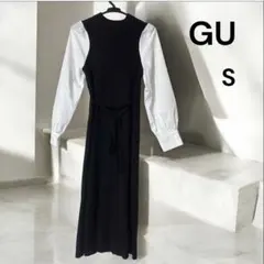 GU ニットワンピース 長袖 白黒 S レディース ブラウス風