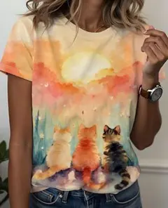 水彩画風　猫　Tシャツ　ネコ　ねこ　プリント　半袖　レディース