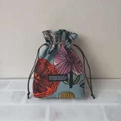 ハンドメイド 巾着袋 北欧大花 ブルーグレー