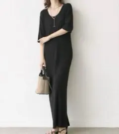 【美品】RIVE DROITE ゴブソデUネックリブワンピース ブラック　40