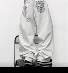ホワイト ワイドデニム バギーパンツ 極太 Y2K ストリート 韓国